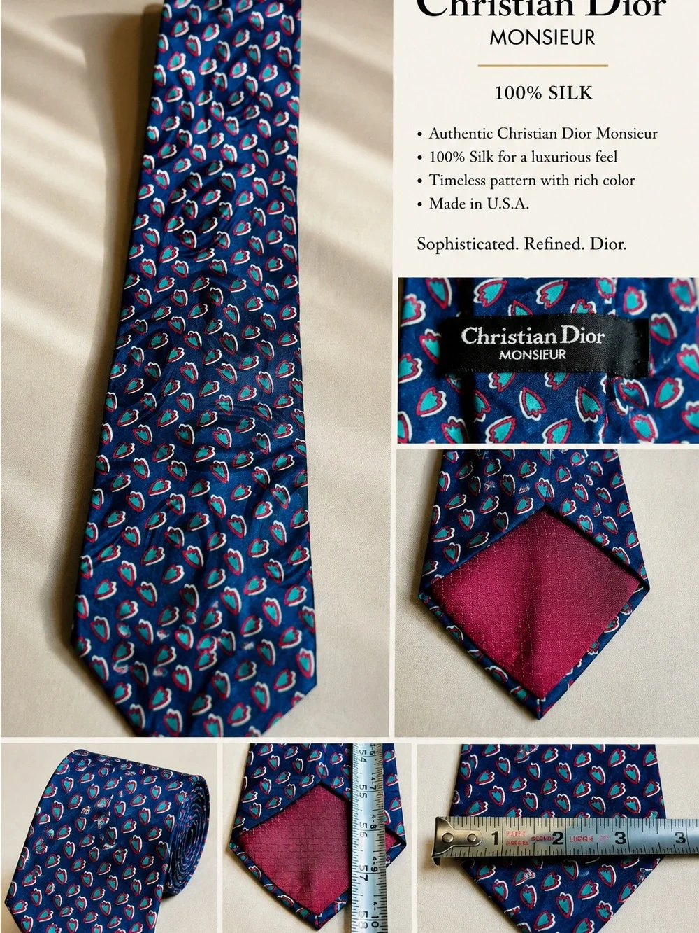 Dior Navy Blue Paisley Silk Tie with Pink Accents
